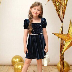 Girl Pearls Beaded Puff Sleeve Velvet Party Dress 7T